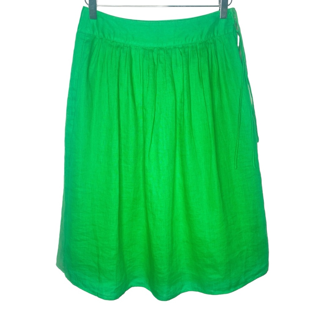 J.CREW women's green gathered midi skirt 100% linen size 2 lined preppy classic